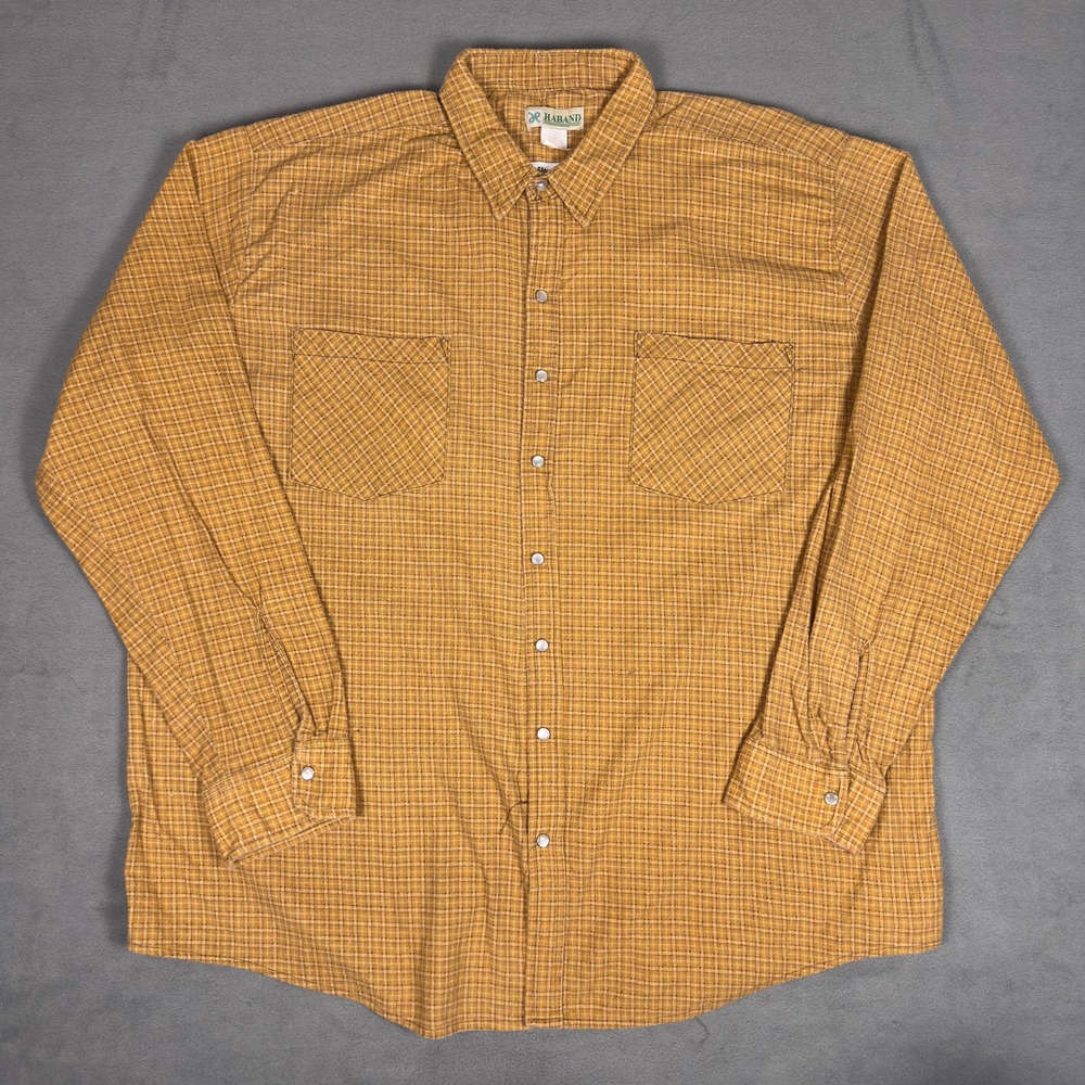 Vintage Haband Mustard Plaid Pearl Snap Western Shirt Long Sleeve Mens 2XL